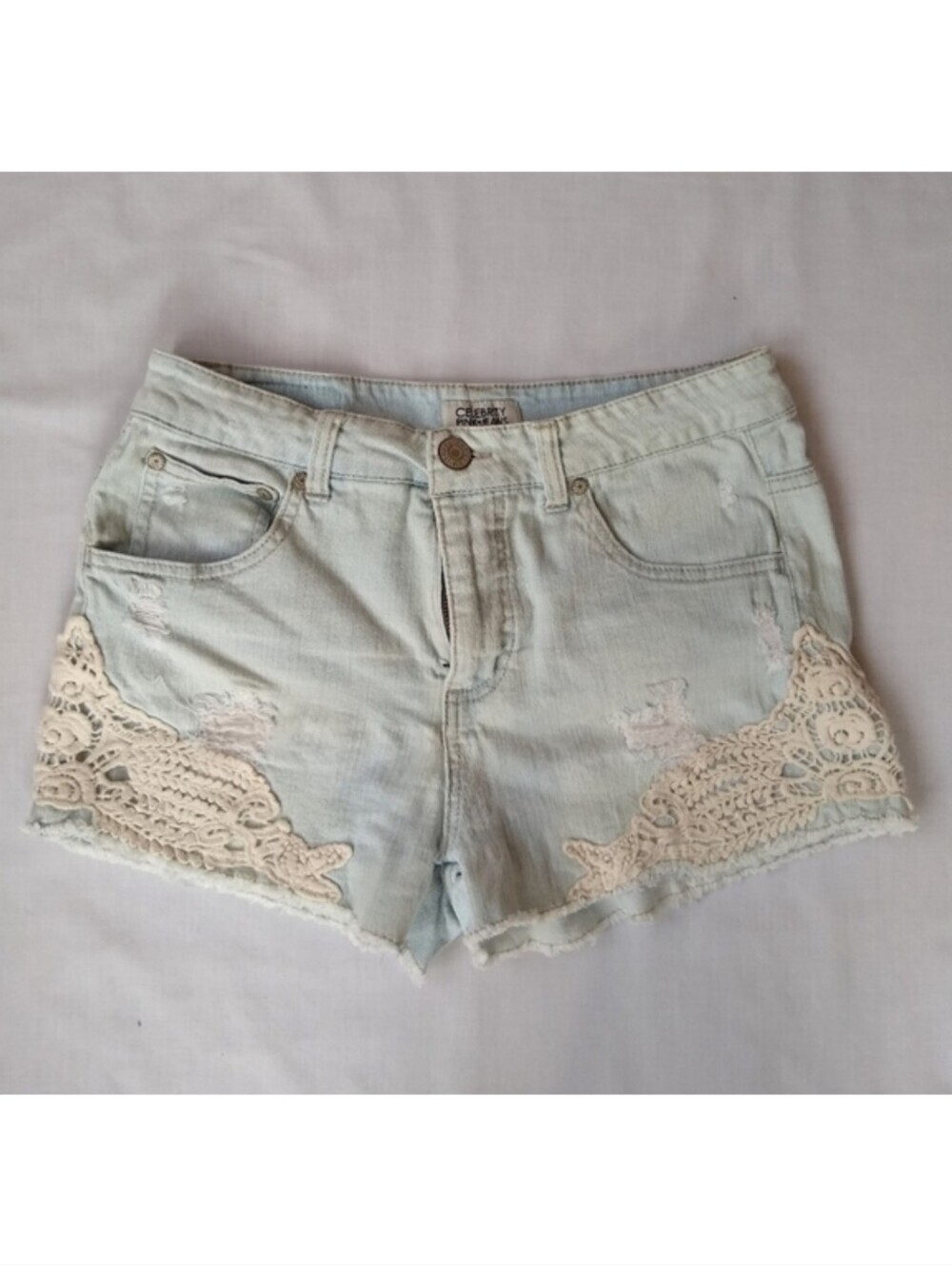 Celebrity Pink▪️High Rise Light Wash Lace Crochet Detailing Denim Jean Shorts